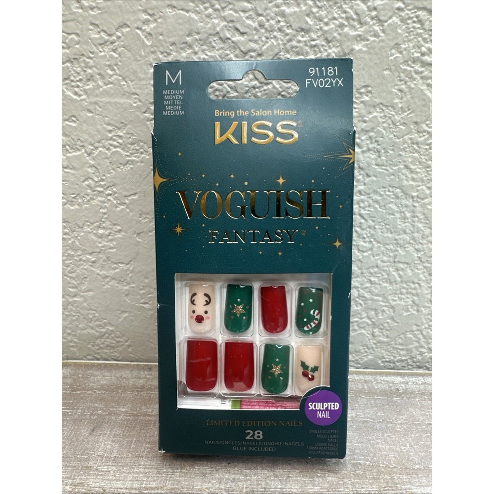 $10 🌙 KISS Voguish Fantasy Glue-On Nails, Stockings, Red, Medium Size, Square